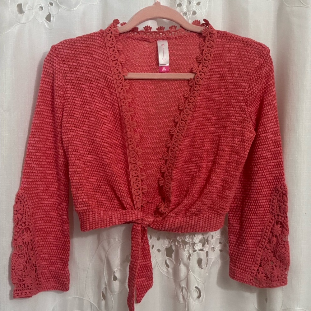 Salmon Cardigan,Floral Crochet Trim on Front and Sleeves, Tie Front